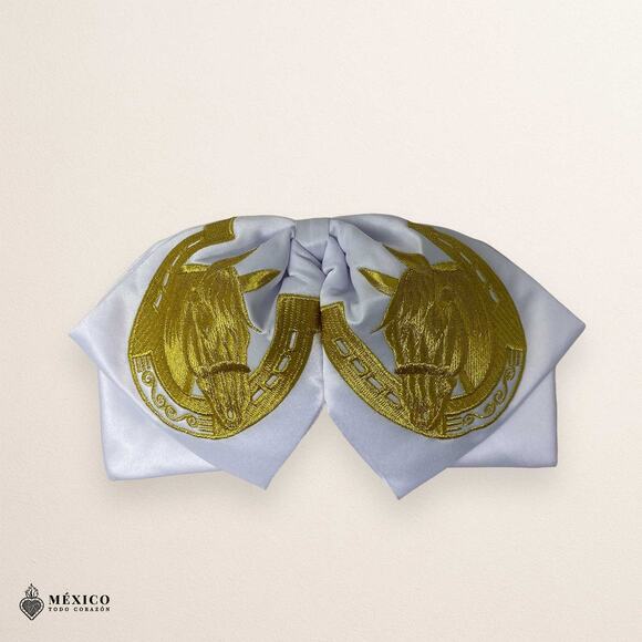 White Mexican Embroidered Charro Moño – Traditional Satin Mariachi Bow Tie - Picture 4 of 6